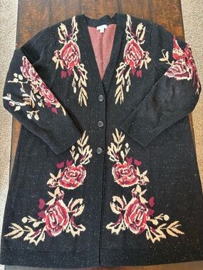 J.Jill Black Floral Intarsia Button-Front Women's Cardigan Sweater, XL